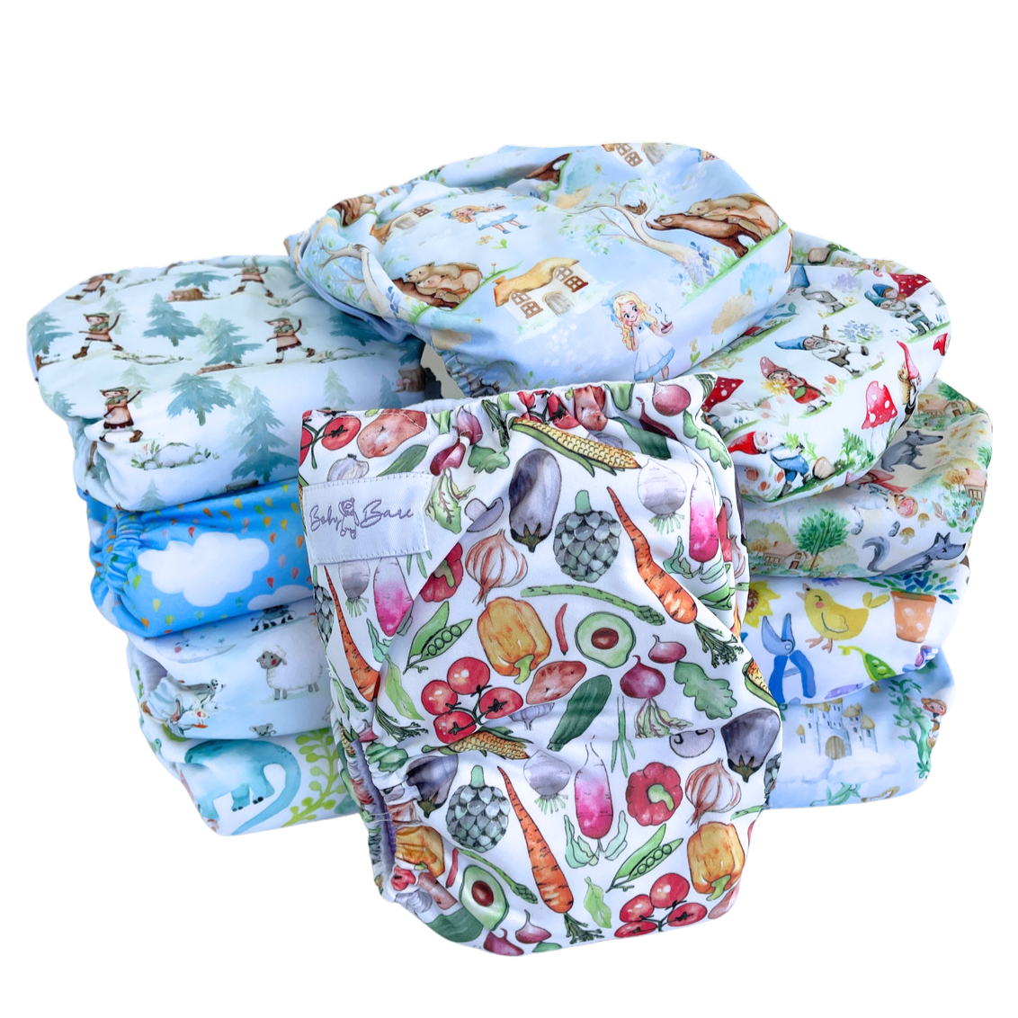 A pile of cloth nappies with one clearly visible at the front.