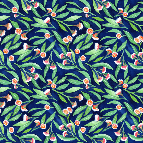 Fabric swatch of gumleaves on navy background