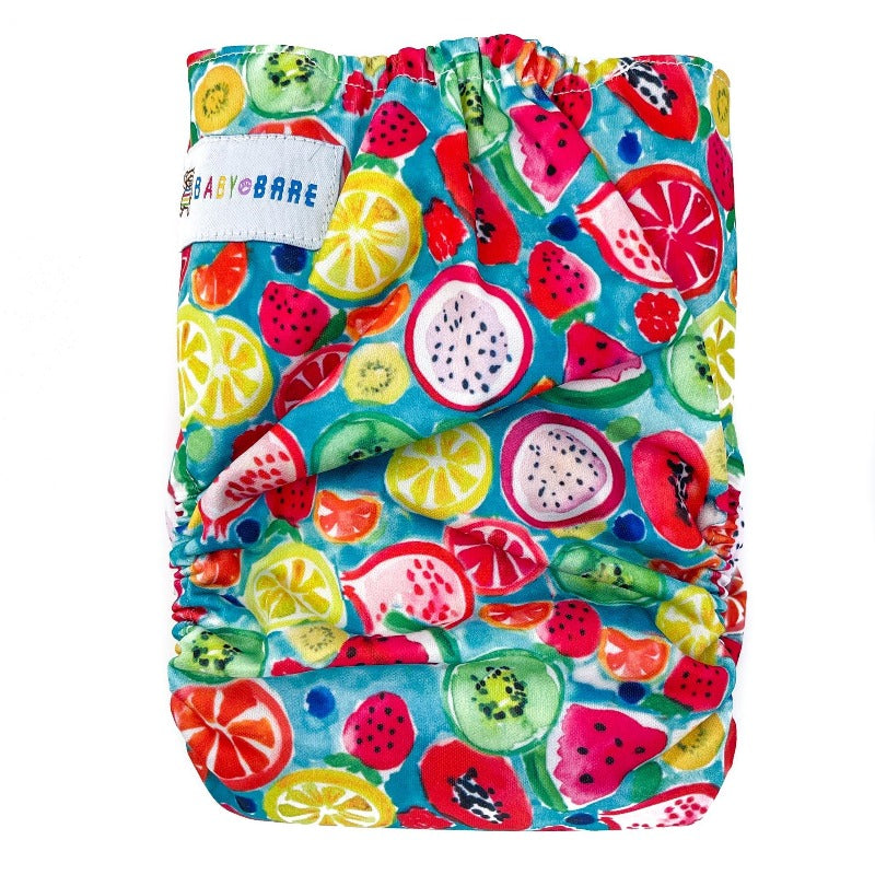 Cloth nappy with fruit print. 
