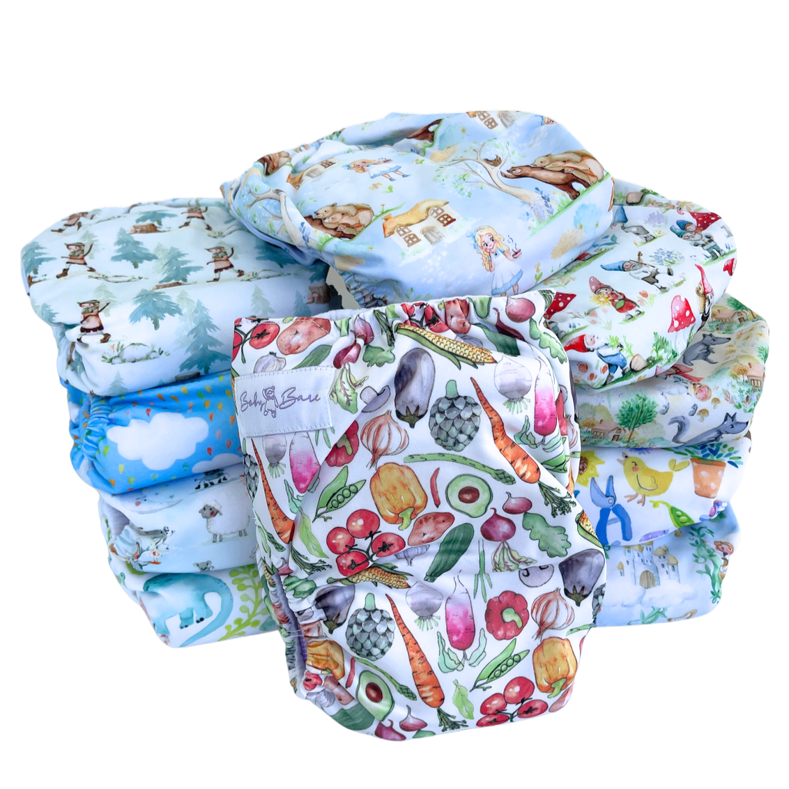 A pile of cloth nappies with one clearly visible at the front. 
