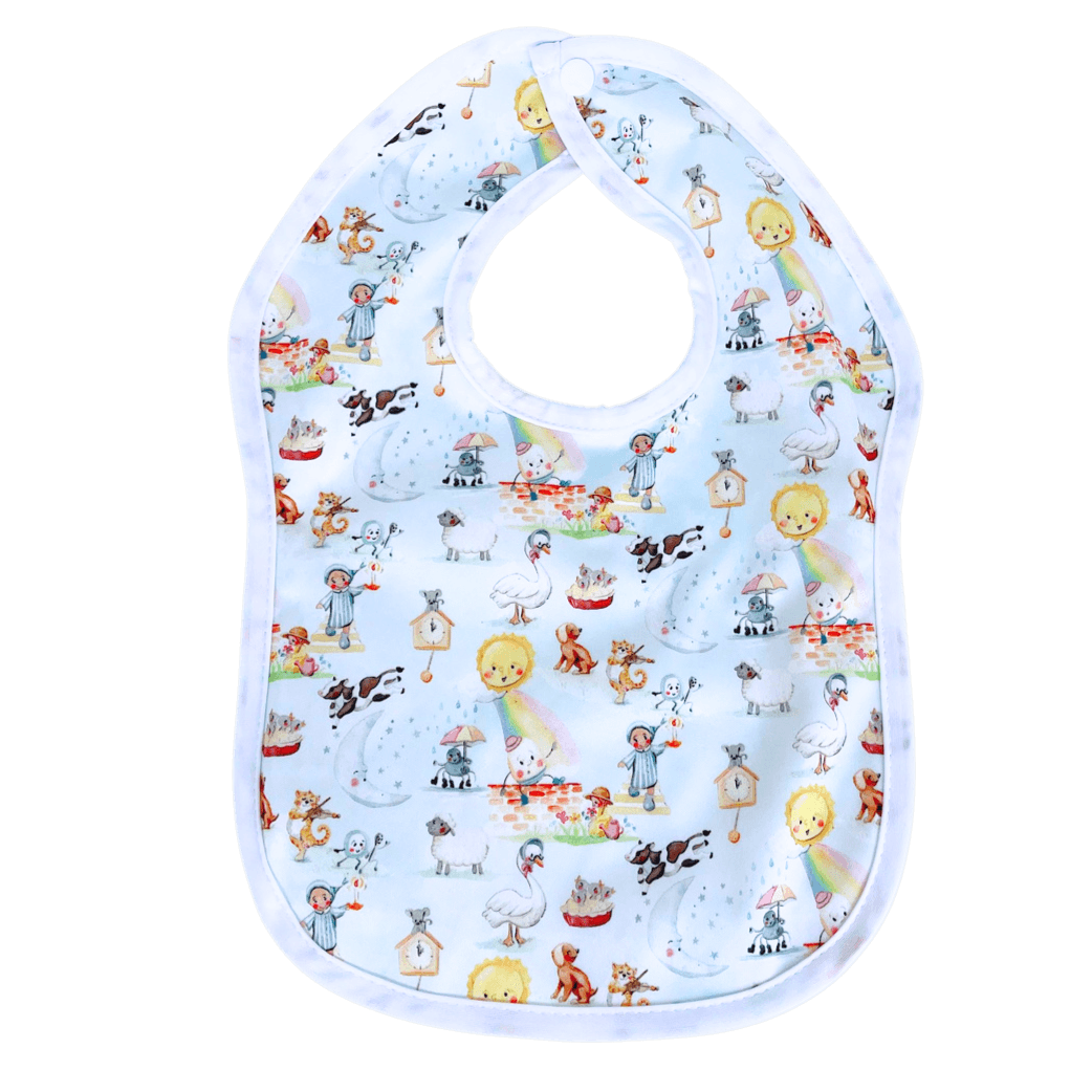 Baby bib with mother goose print 