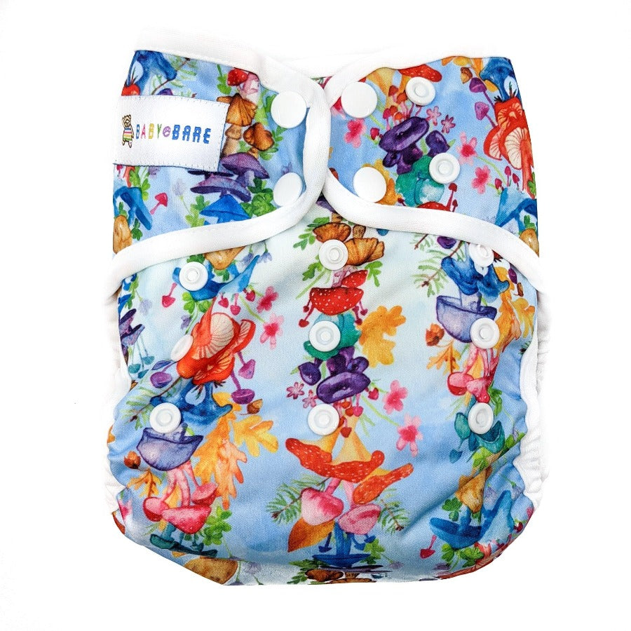 
                  
                    Double gusseted cloth nappy cover in a mushroom print
                  
                
