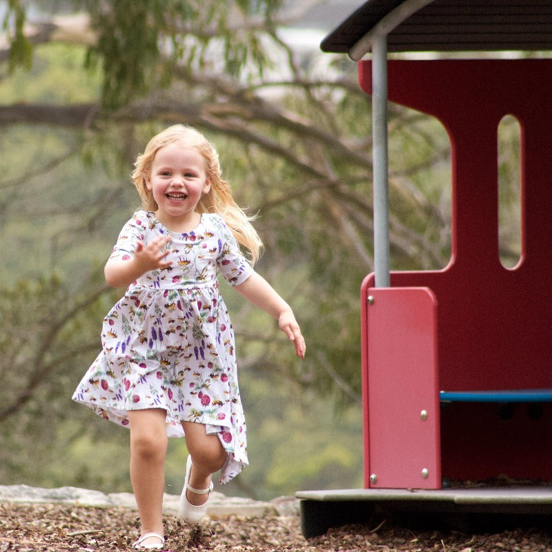 
                  
                    Little girl wearing dress in park.
                  
                