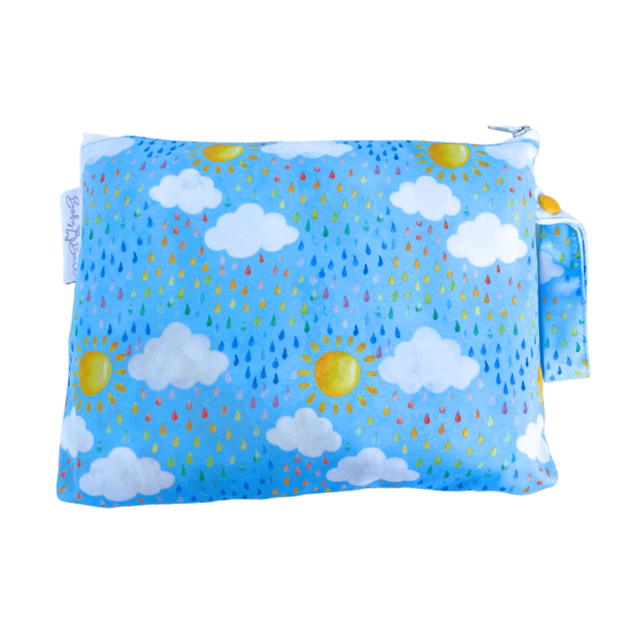 Mini wet bag with blue rain print.