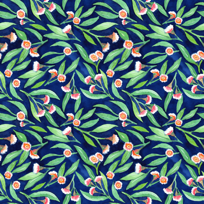 
                  
                    Fabric swatch of gumleaves on navy background
                  
                