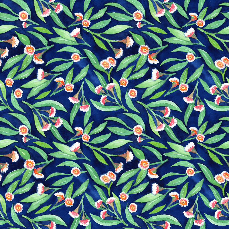 Fabric swatch of gumleaves on navy background