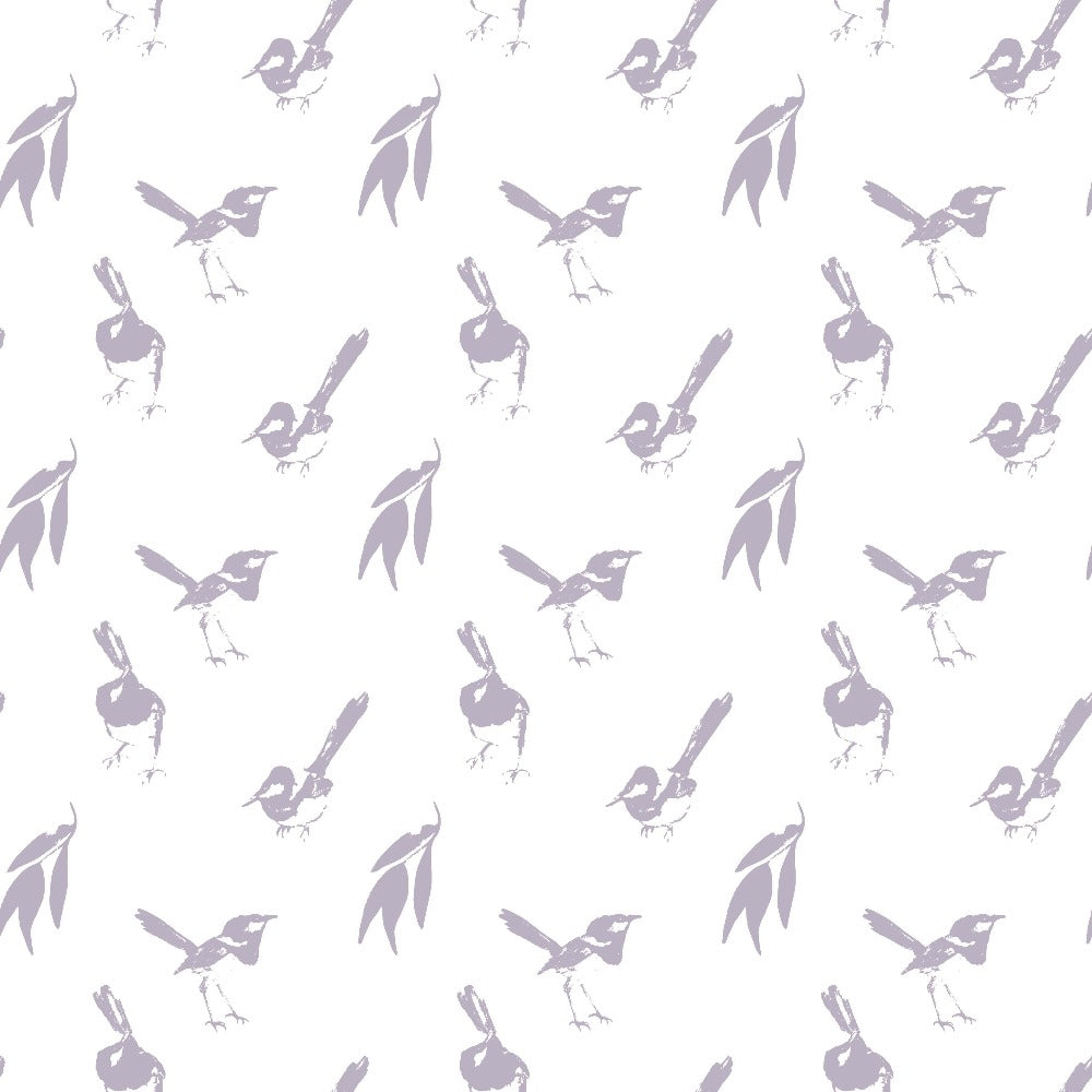 Purple birds print swatch with white background