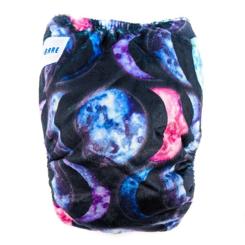 Cloth nappy with moon print. 