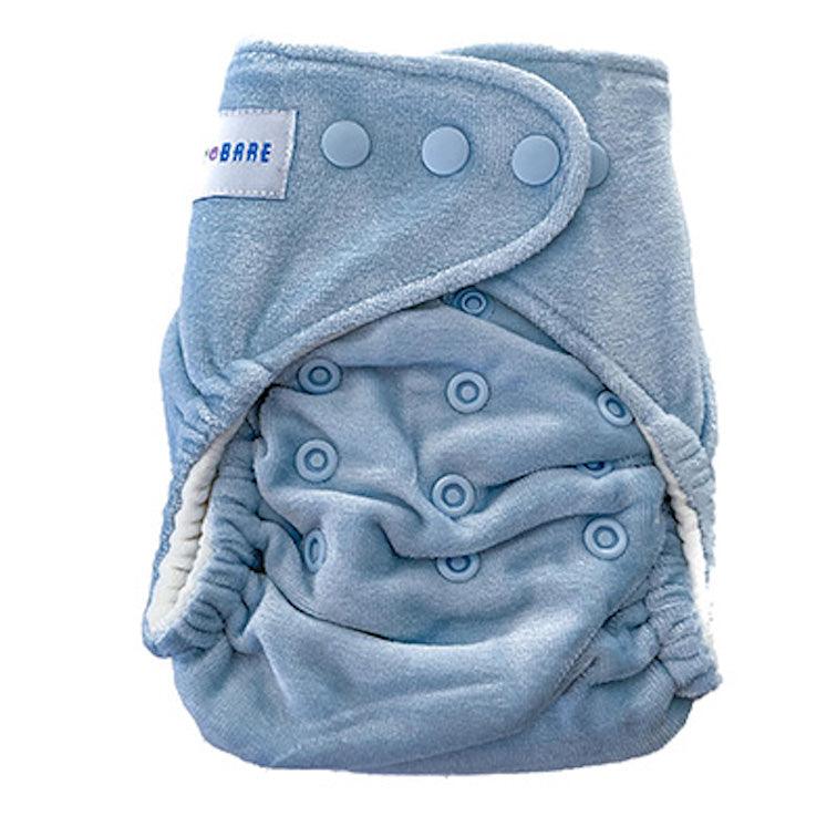 
                  
                    Light blue cloth nappy. 
                  
                
