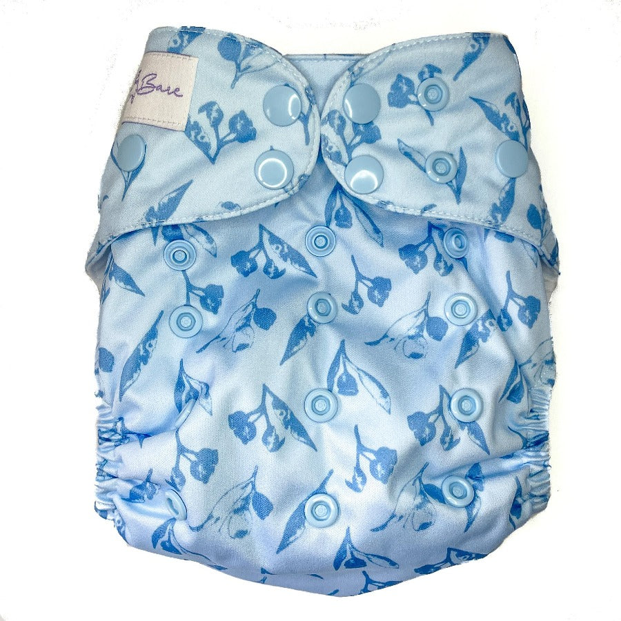 Blue gumnut fabric on a cloth nappy