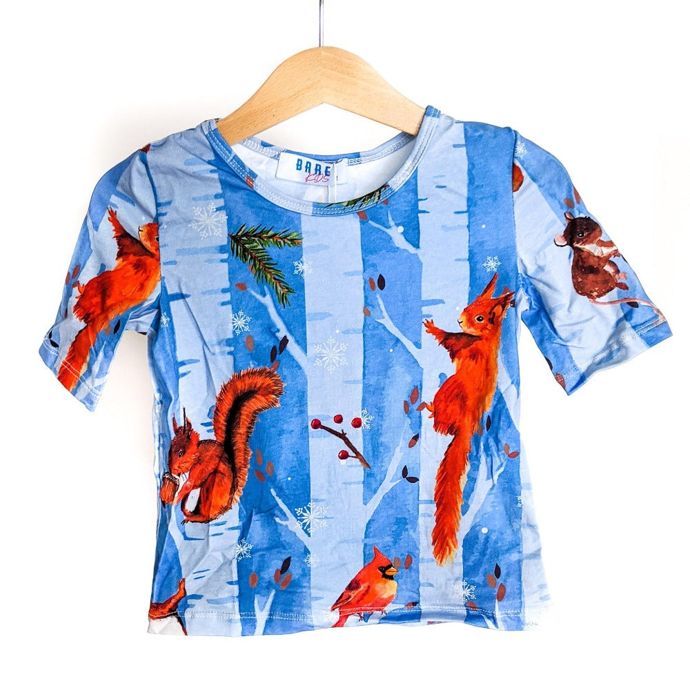 T-shirt with squirels hanging on hanger